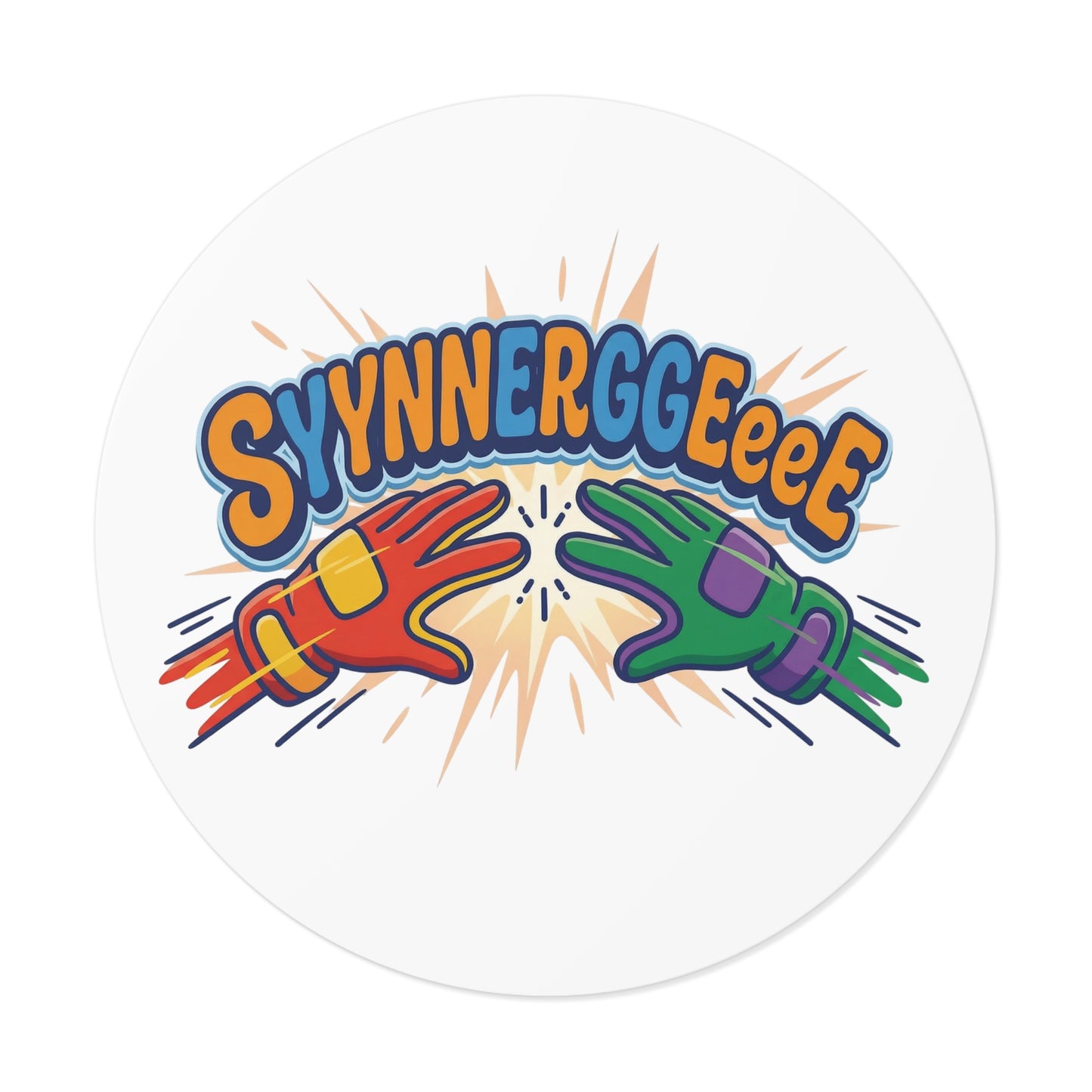 Round Sticker — Colorful “Synnnerggeee!” High-Energy Vinyl Decal/Coach and Company