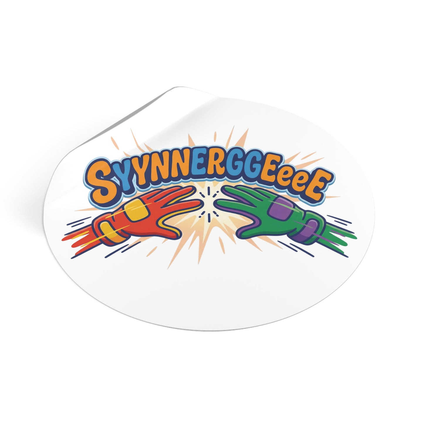 Round Sticker — Colorful “Synnnerggeee!” High-Energy Vinyl Decal/Coach and Company