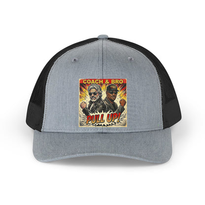 Retro Trucker Hat — "Coach & Bro Pull Up!" Vintage Graphic Mesh Cap