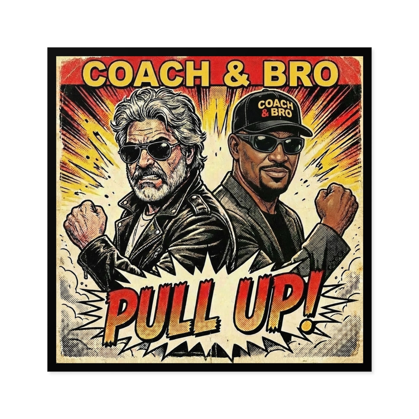 Square Sticker — "Coach & Bro Pull Up!" Retro Comic Design (Indoor/Outdoor)