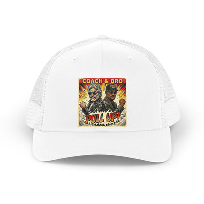 Retro Trucker Hat — "Coach & Bro Pull Up!" Vintage Graphic Mesh Cap