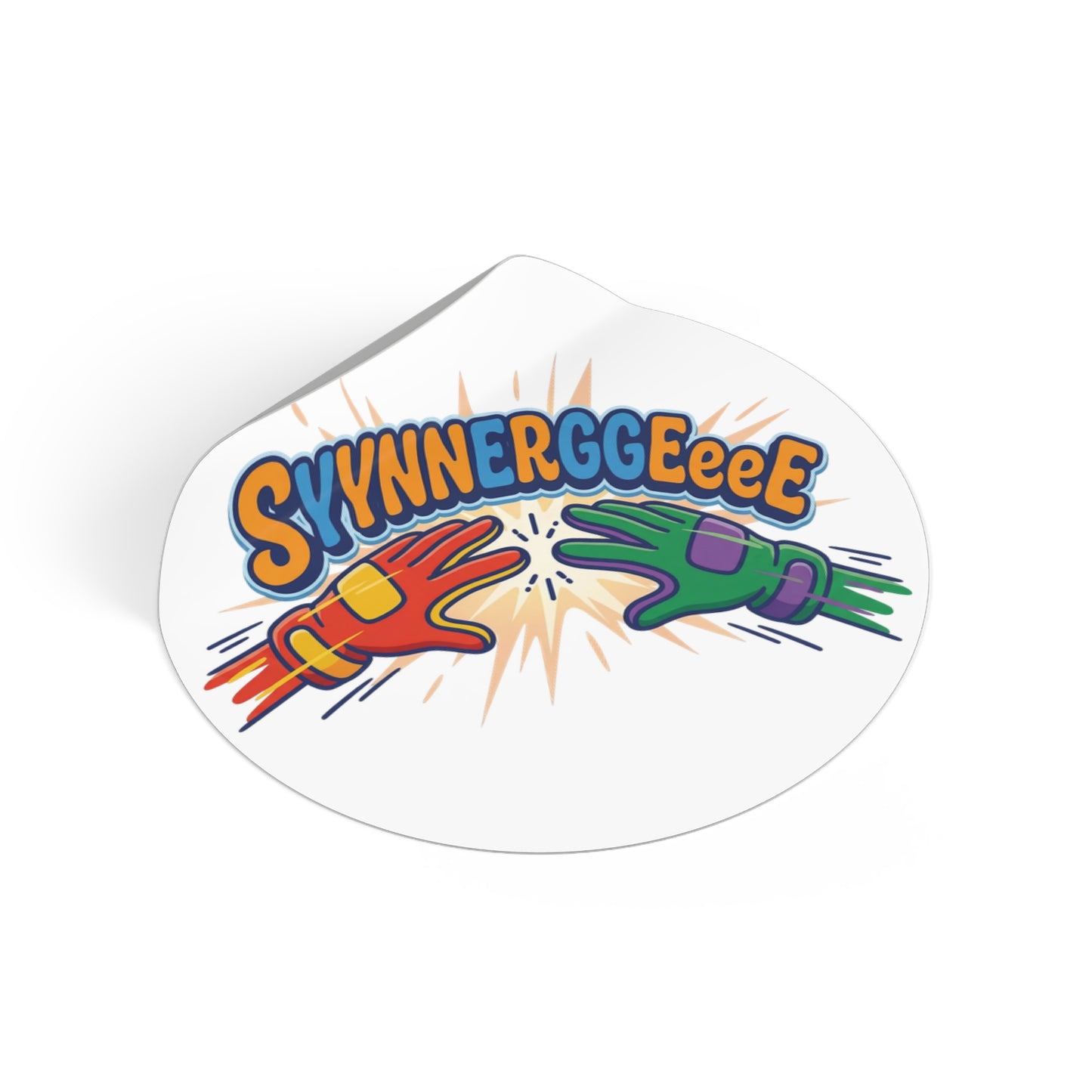 Round Sticker — Colorful “Synnnerggeee!” High-Energy Vinyl Decal/Coach and Company