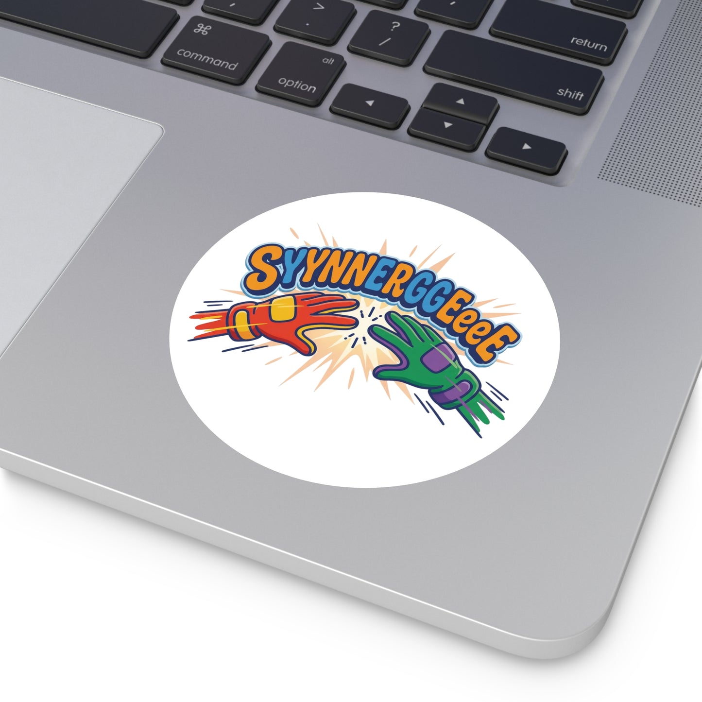 Round Sticker — Colorful “Synnnerggeee!” High-Energy Vinyl Decal/Coach and Company