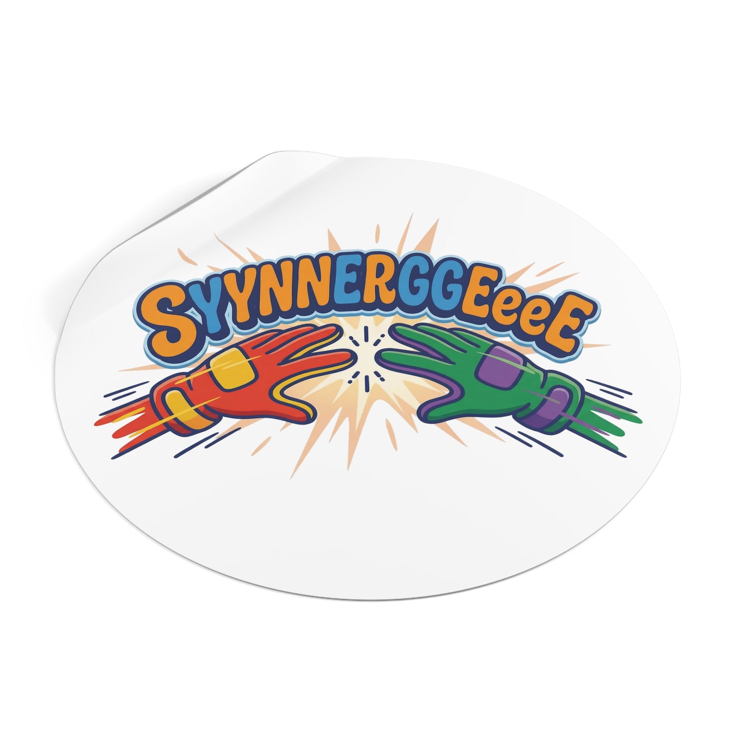 Round Sticker — Colorful “Synnnerggeee!” High-Energy Vinyl Decal/Coach and Company