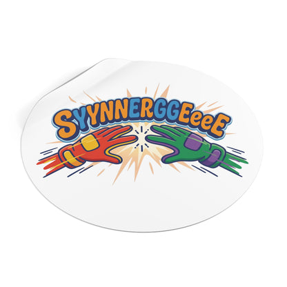 Round Sticker — Colorful “Synnnerggeee!” High-Energy Vinyl Decal/Coach and Company